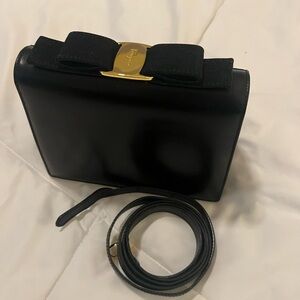 Salvatore Ferragamo Black Leather Crossbody with Gold Accent